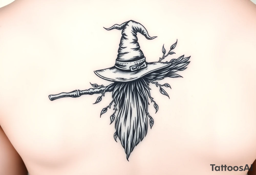 Which is broom with a witches hat with vines and feathers 
Smaller broom with hat placed on top or in the middle
Feminine and on a leg or calf tattoo idea