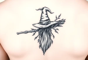 Which is broom with a witches hat with vines and feathers 
Smaller broom with hat placed on top or in the middle
Feminine and on a leg or calf tattoo idea