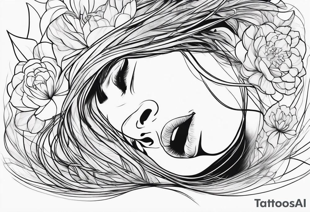 One line tattoo A distraught girl frazzled hair on her knees kind of disintegrating into dirt, screaming  (screams are visualized by lines) that turn into flowers tattoo idea