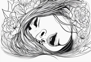 One line tattoo A distraught girl frazzled hair on her knees kind of disintegrating into dirt, screaming  (screams are visualized by lines) that turn into flowers tattoo idea
