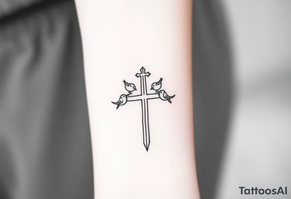 Weathered cross with 4 birds tattoo idea