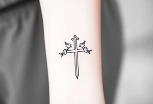 Weathered cross with 4 birds tattoo idea