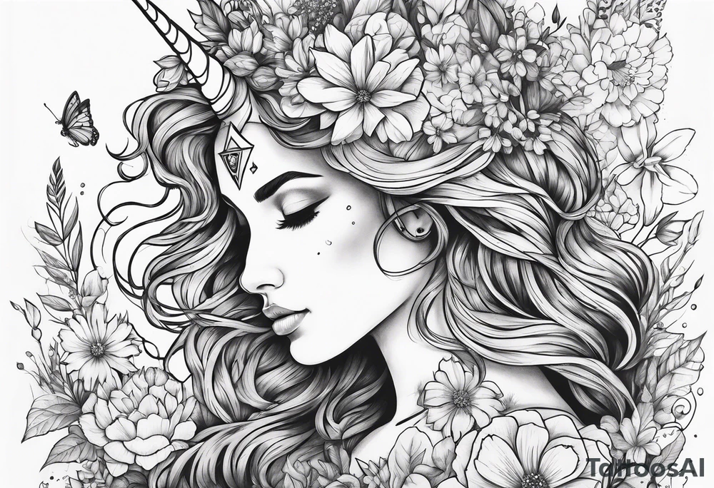 wildflowers and unicorn and warrior curly hair princess half sleeve arm tattoo idea