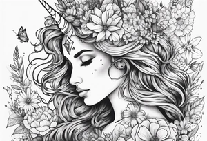 wildflowers and unicorn and warrior curly hair princess half sleeve arm tattoo idea