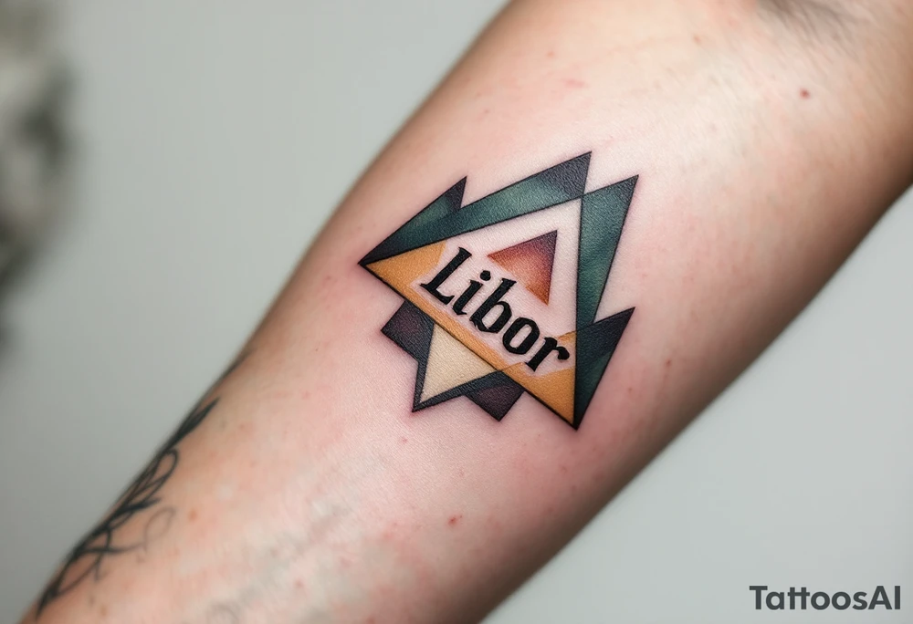 Libor written in strong, clean letters, surrounded by geometric triangles in shades of forest green and earthy brown. tattoo idea