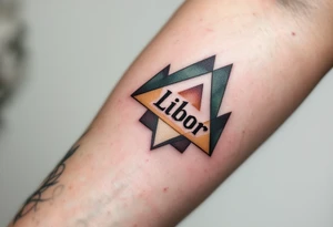 Libor written in strong, clean letters, surrounded by geometric triangles in shades of forest green and earthy brown. tattoo idea
