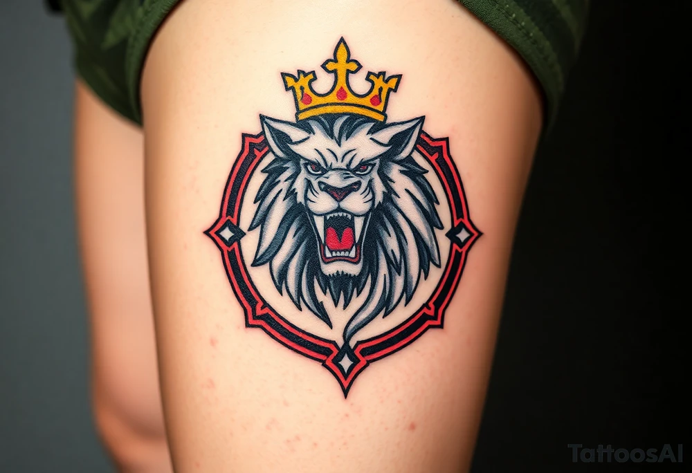 A powerful roaring silver lion with a golden crown, surrounded by a red-and-white decorative shield frame tattoo idea