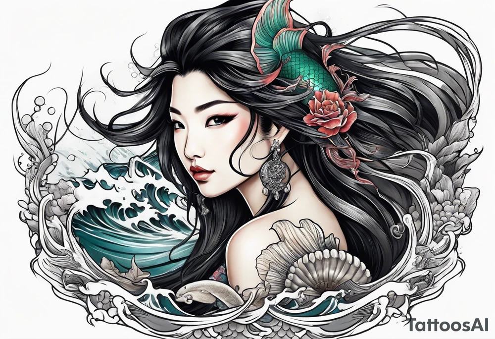 Asian mermaid with long black hair picks through shipwreck tattoo idea