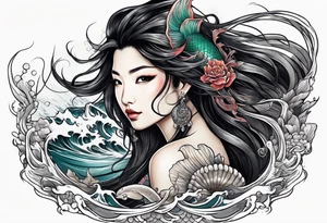 Asian mermaid with long black hair picks through shipwreck tattoo idea