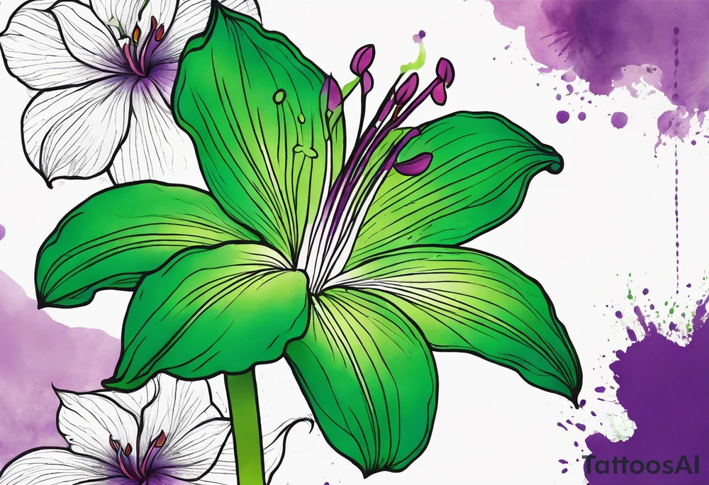 An outline of an only green rio dipladenia flower and a green and purple watercolor splash in the background tattoo idea