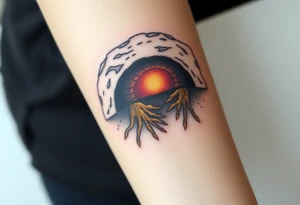 A mole tunneling underground, depicted in a cross-section with dark brown soil, golden roots, and hidden gems sparkling in the earth tattoo idea