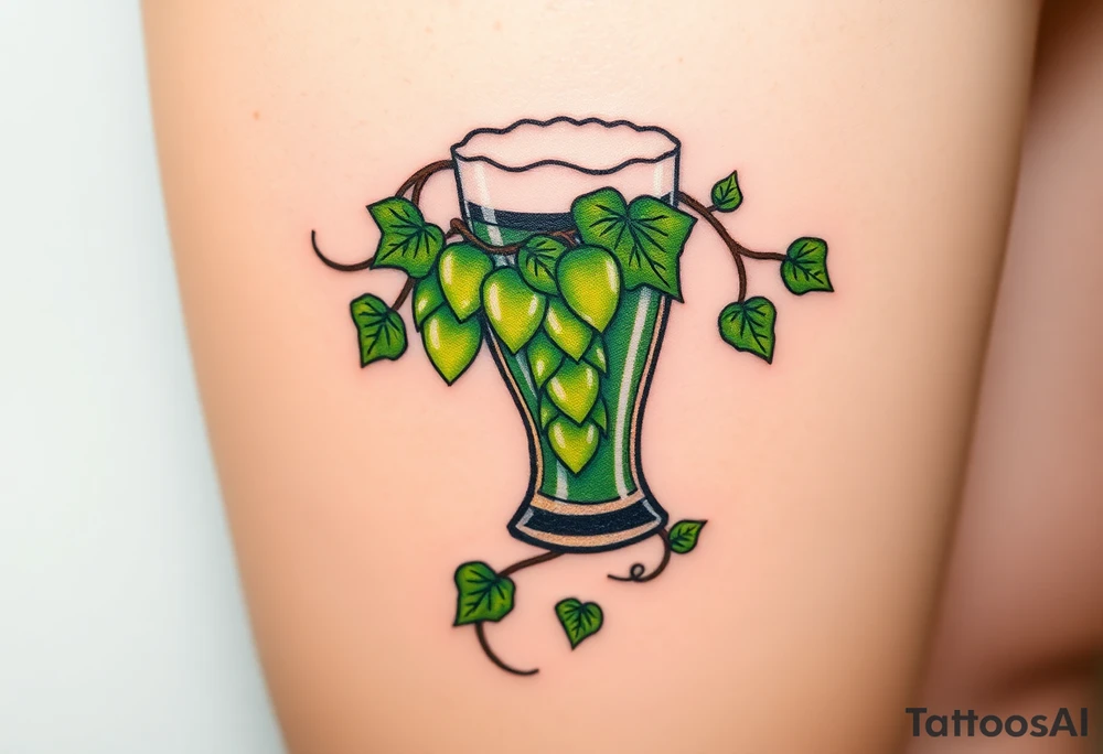 A hop vine wrapping around a pint glass, with delicate tendrils and leaves in vibrant green shades tattoo idea
