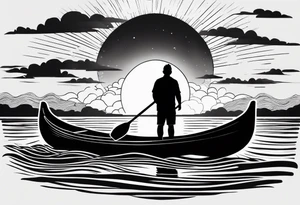 pictured from behind, average sized silhouette man with arms fully extended straight out to the side at chest level, standing on top of modestly sized canoe on the water with a sun above his head. tattoo idea