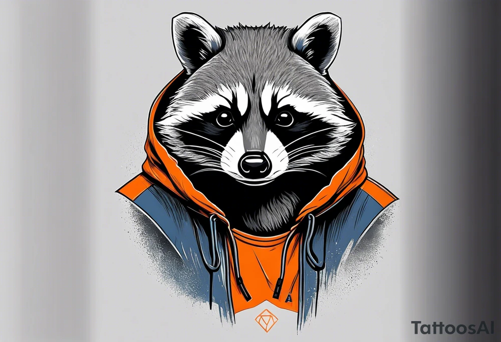 Raccoon wearing an orange Superman hoodie tattoo idea
