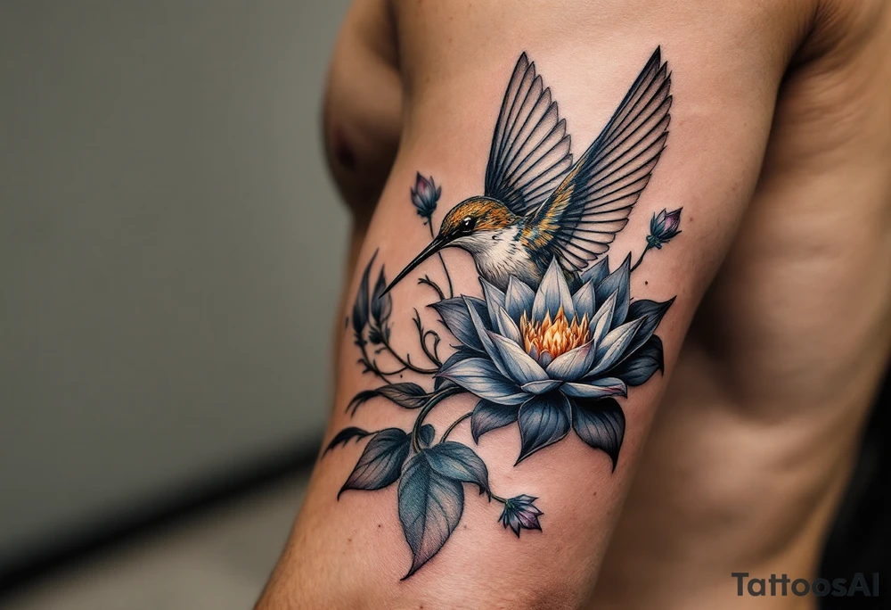 hummingbird and lotus flower, egyptian theme tattoo idea