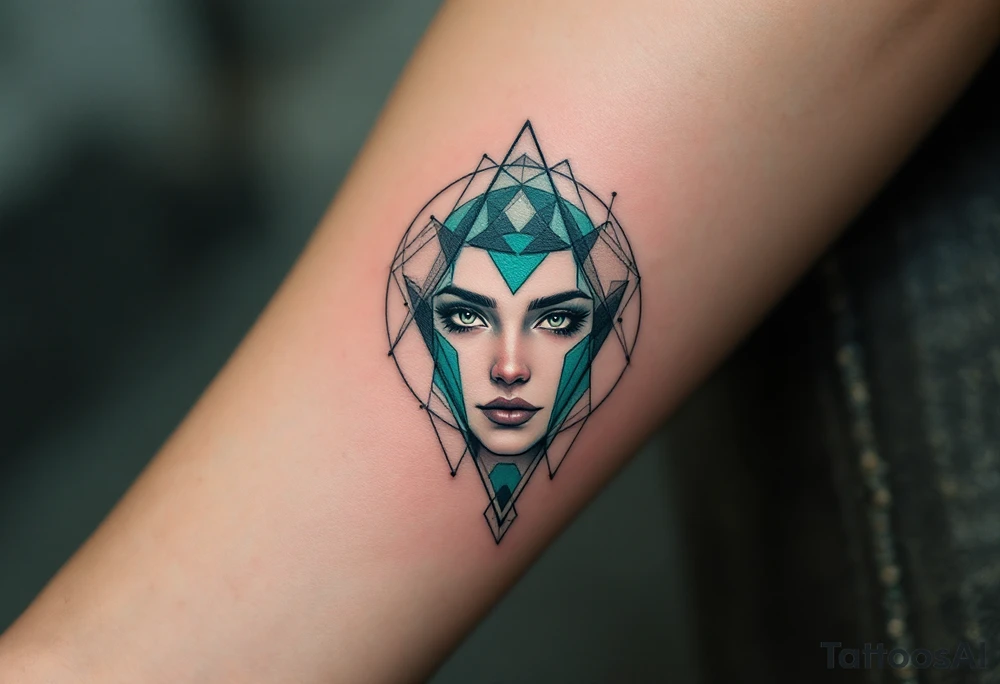 A minimalist design of Caleb, depicted with geometric patterns around his face to symbolize intelligence and the mind. The design features teal and green tones, symbolizing his connection to the Abnegation and his scientific nature.
Colors: Teal, green, black accents. tattoo idea