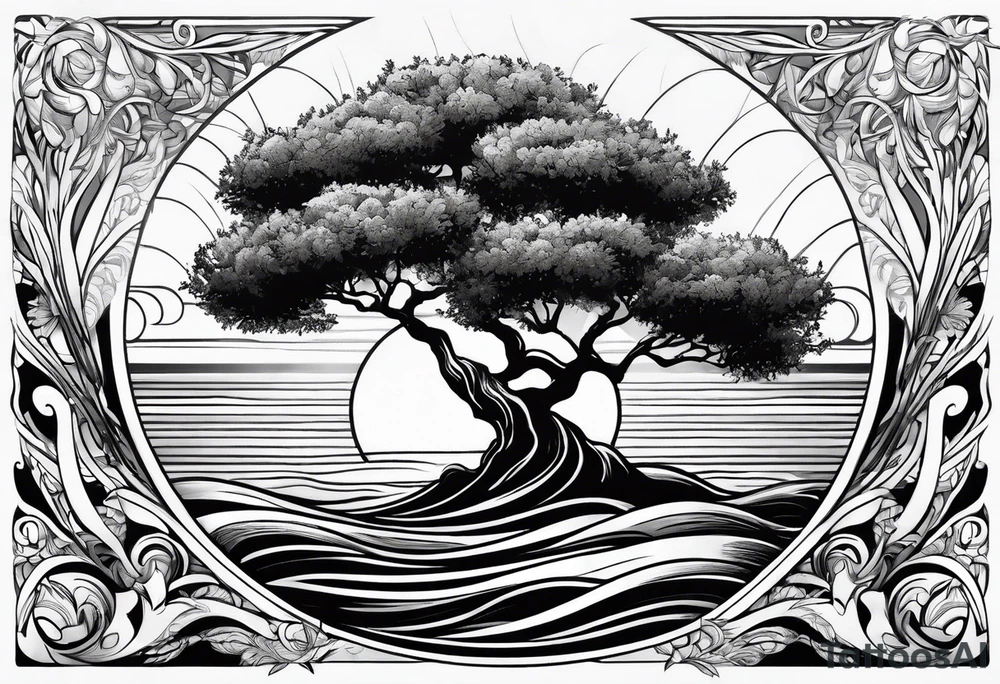 Olive tree into waves, ocean, sun for wrist tattoo idea