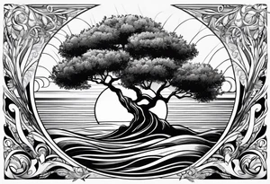 Olive tree into waves, ocean, sun for wrist tattoo idea