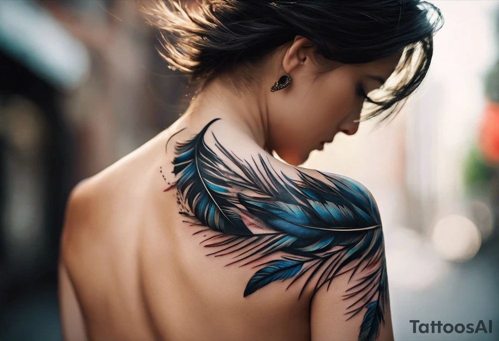 The tattoo begins on the left arm, at the elbow, where feathers are flying under the action of the wind towards the left hand. These feathers share the air space with branches that have leaves, and both elements move together up the left arm. As they approach the shoulder, some lightning appears between them. At this point, the feathers start to converge toward the left chest, where a vortex of energy reveals the head of an owl. The branches converge toward the left side of the back, passing over the shoulder. On the left side of the back, there is a dense, psychedelic element representing the energy of life's creation, with references to the earth, element, and planet. There is also a clay house in this area. tattoo idea