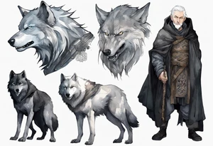 a gaunt medieval man with white hair, grey eyes, and a black cloak standing beside a massive grey wolf tattoo idea