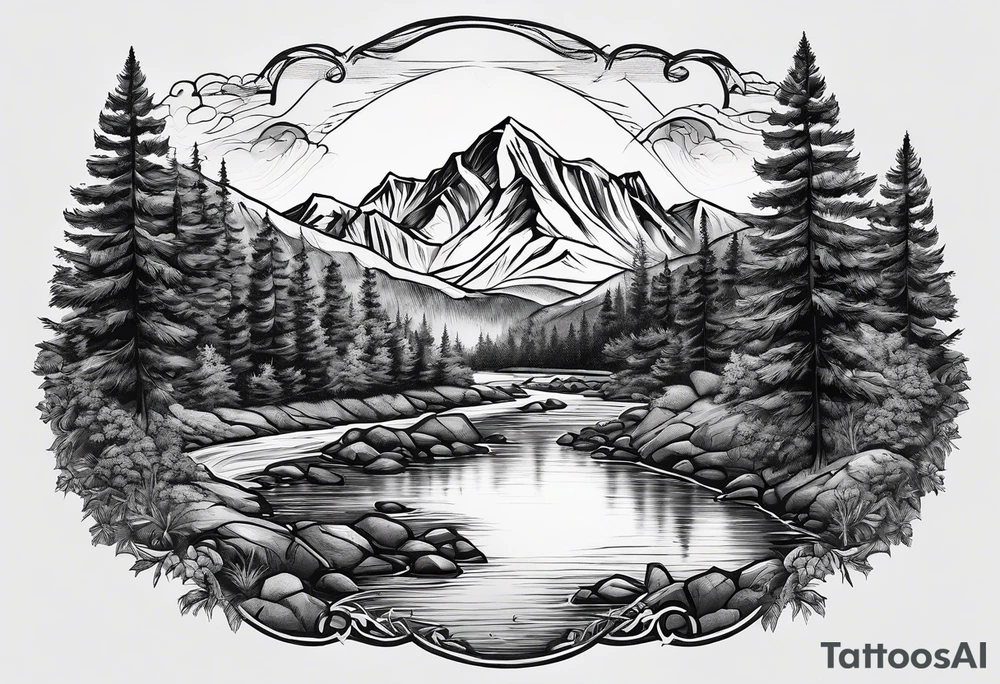 Mountain scene with a river with a subtle peace sign. Use IT IS WELL written in the scene tattoo idea