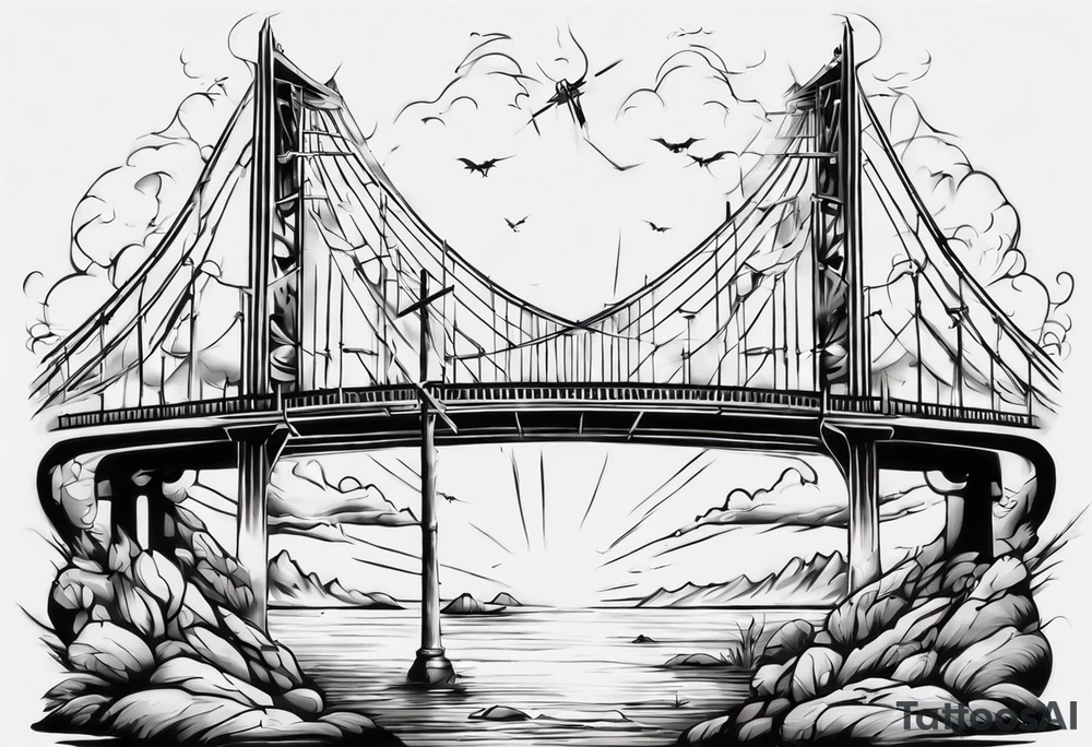 Inner bicep, stretched horizontally, bridge leading to a cross tattoo idea Inner bicep, stretched horizontally, bridge leading to a cross tattoo idea