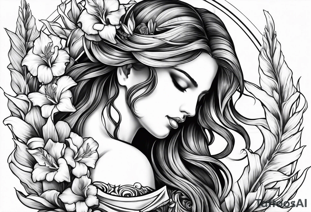 Angel holding gladiolus flowers reaching down tattoo idea