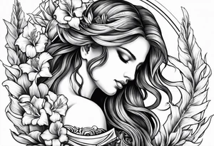 Angel holding gladiolus flowers reaching down tattoo idea