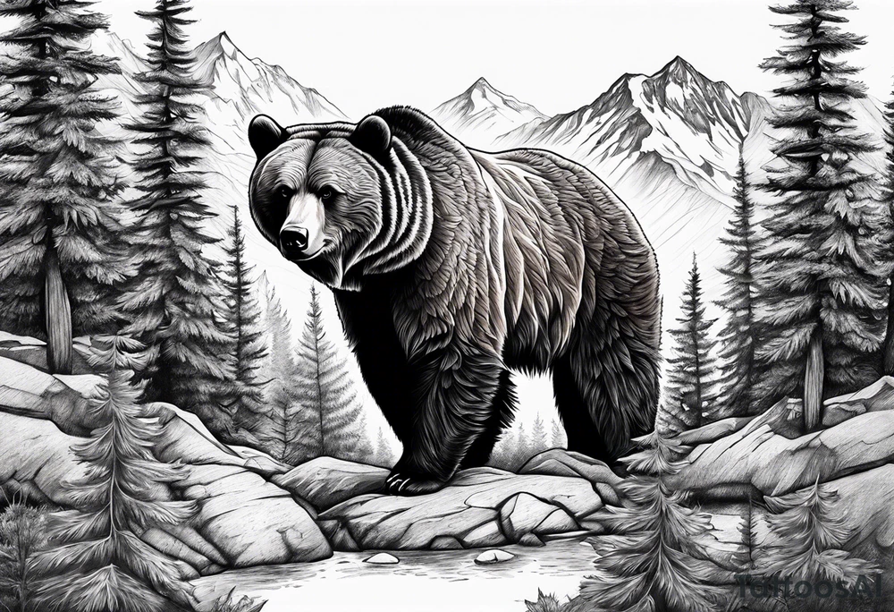 grizzly bear mountain forest tattoo idea