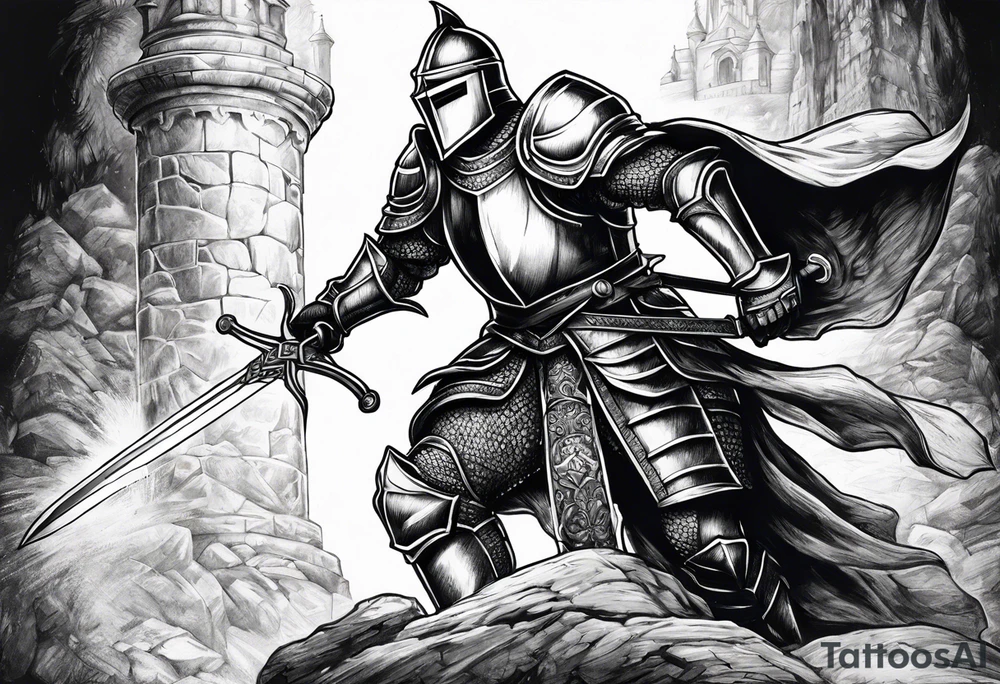 knight pulling out sword off stone tattoo idea