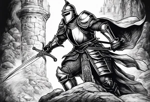 knight pulling out sword off stone tattoo idea