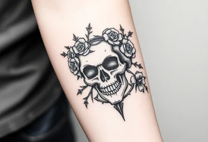ornate skull adorned with crown of wild roses and thorns tattoo idea