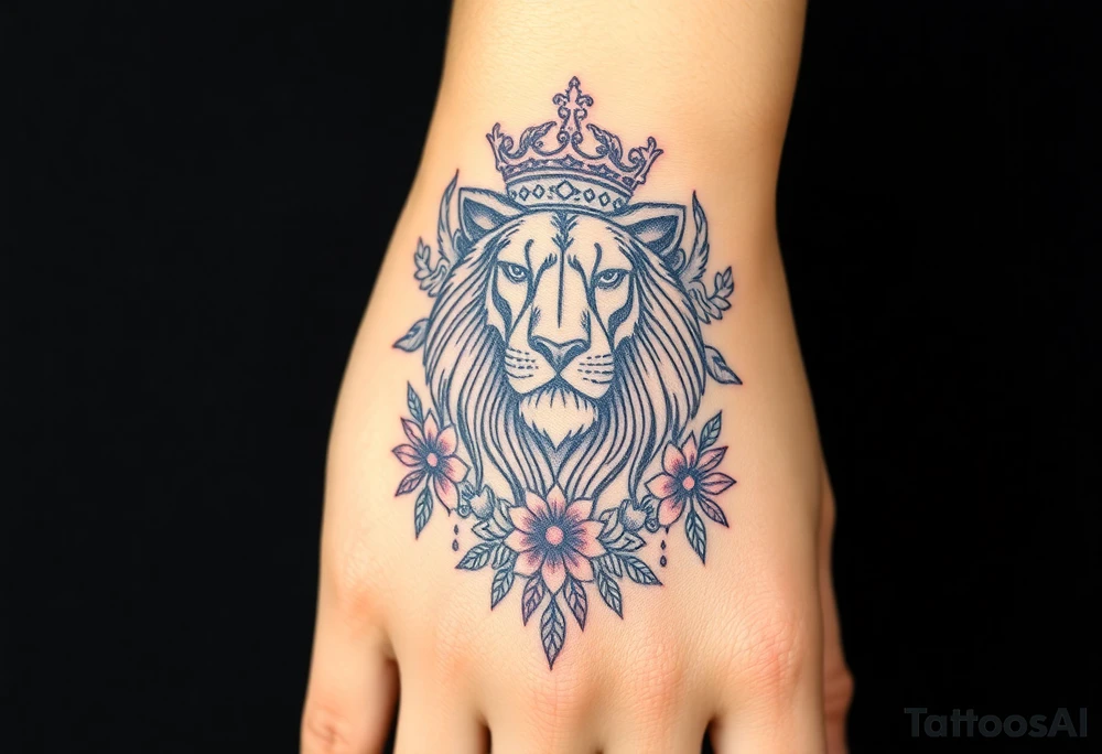 powerful majestic lion with a crown, surrounded by floral ornaments and birds tattoo idea