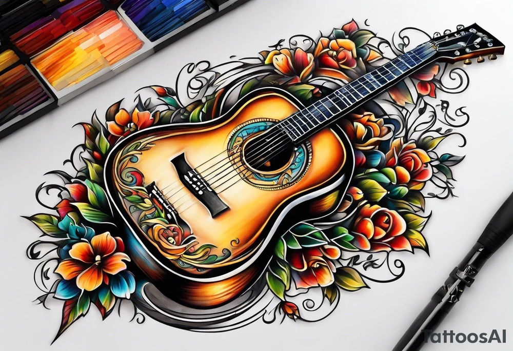 Full Acoustic guitar design tattoo idea