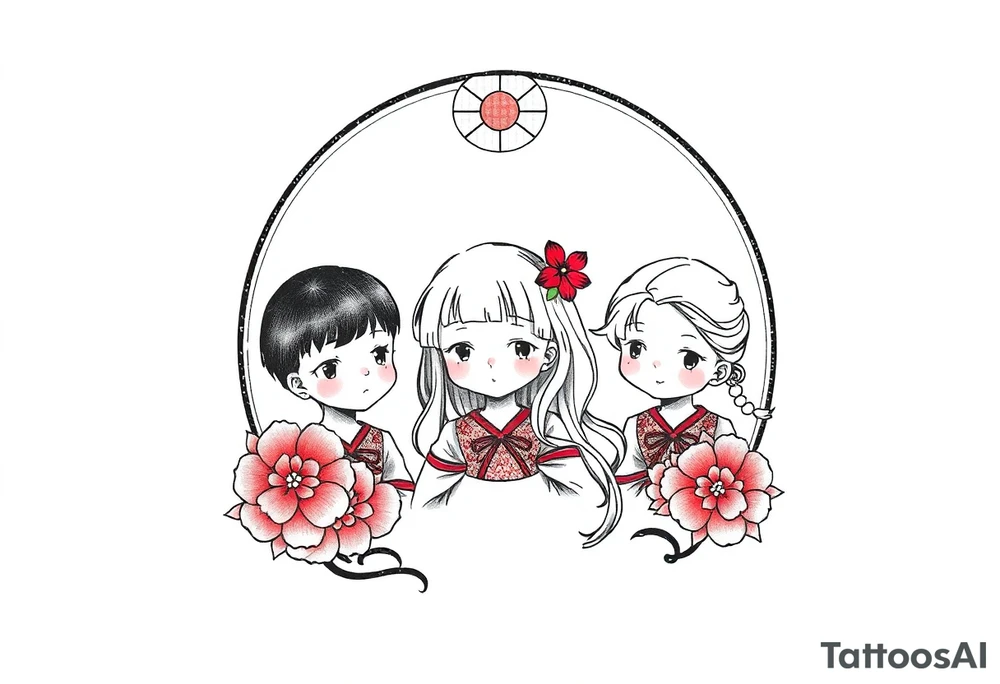 3 petites filles ( une cheveux noir et deux blondes)
sous un arc en ciel incomplet tattoo idea