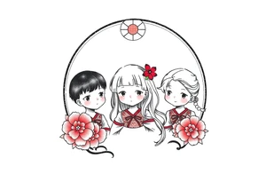 3 petites filles ( une cheveux noir et deux blondes)
sous un arc en ciel incomplet tattoo idea