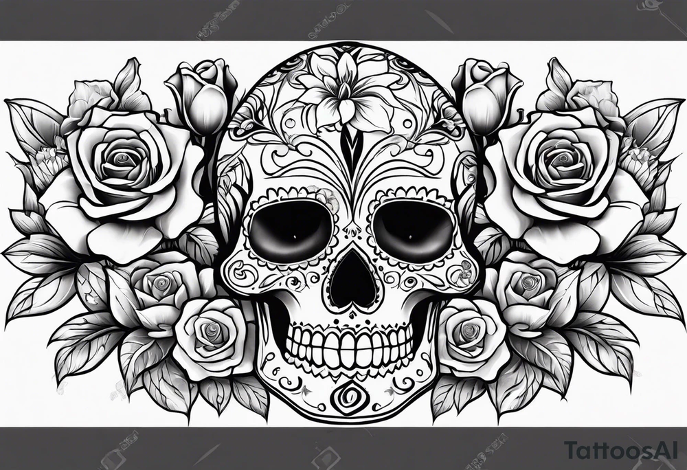 Sugar skulls with lilies and roses tattoo idea