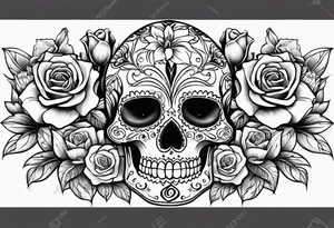 Sugar skulls with lilies and roses tattoo idea