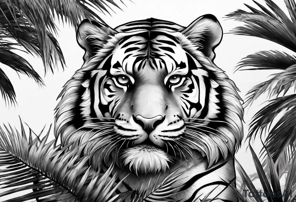 tiger laying on palm tree tattoo idea