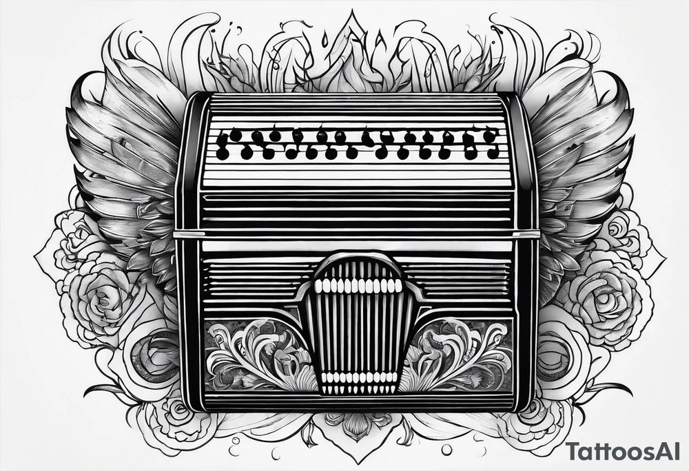 Accordion on a burnt paper tattoo idea