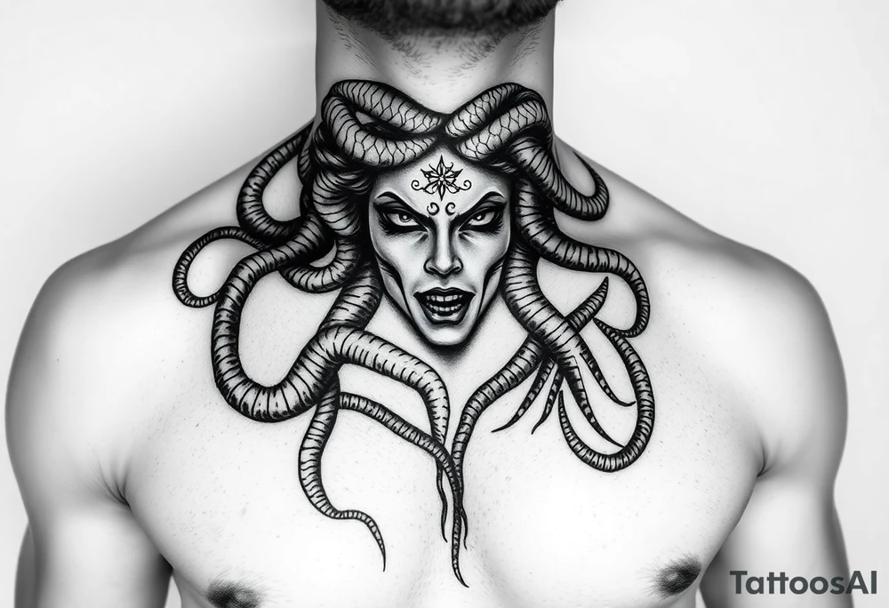 Beautiful but dark Medusa chest peice with her snake hair reaching my arms and shoulder. Black and white, realistic tattoo idea