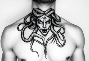 Beautiful but dark Medusa chest peice with her snake hair reaching my arms and shoulder. Black and white, realistic tattoo idea