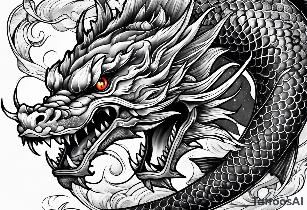 Dark skull and dragon  koi fish tattoo idea