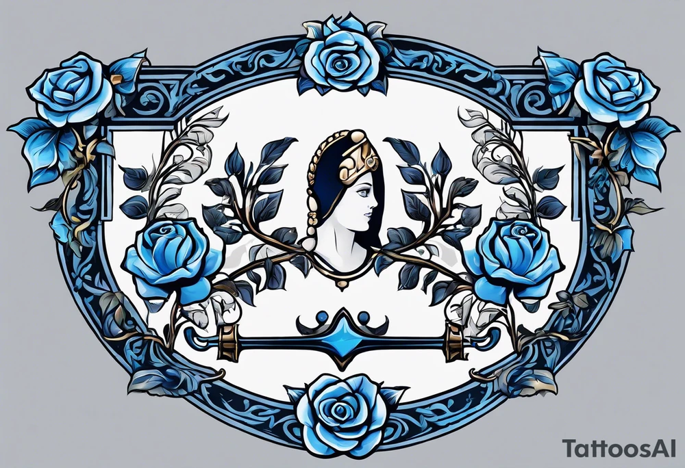 ancient rome clothes ,women,,ancient scale in one hand, blue rose frames, justicia keeps  scale tattoo idea