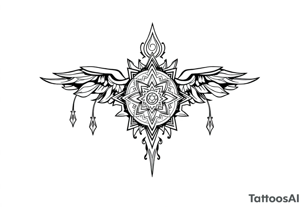 long shaman style mytical bold line with ancient rhyme tattoo idea