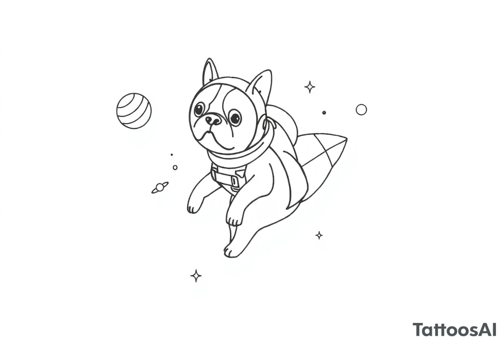 a space themed tattoo of my french bulldog mars. include elements in space like planets and stars. mars should be depicted as a astronaut in a spaceship flying through space tattoo idea