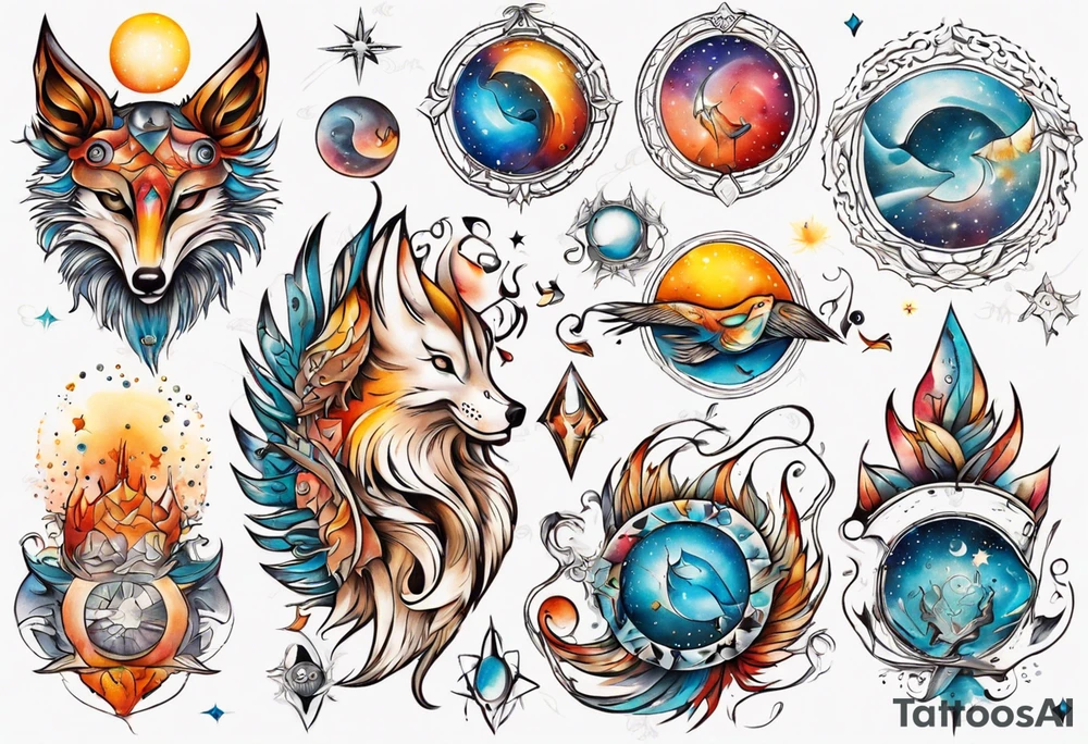 fisch, fuchs und eule , symetrie  sonne, universum, bunt, " sapere aude" tattoo idea