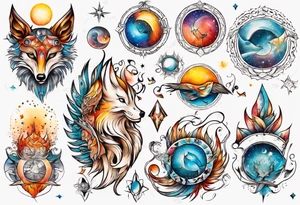 fisch, fuchs und eule , symetrie  sonne, universum, bunt, " sapere aude" tattoo idea