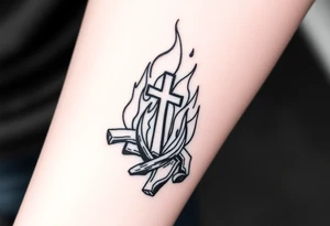 Campfire with cross hidden in the flames with nod to camping tattoo idea