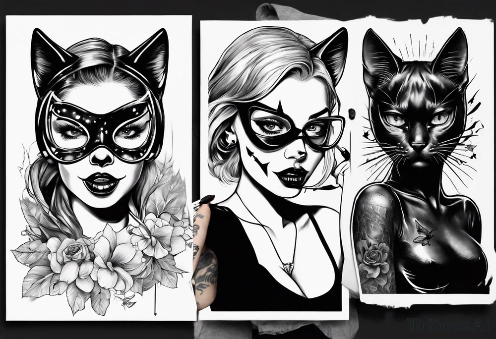 the face of a girl in a black cat mask who licks the plane with her tongue tattoo idea